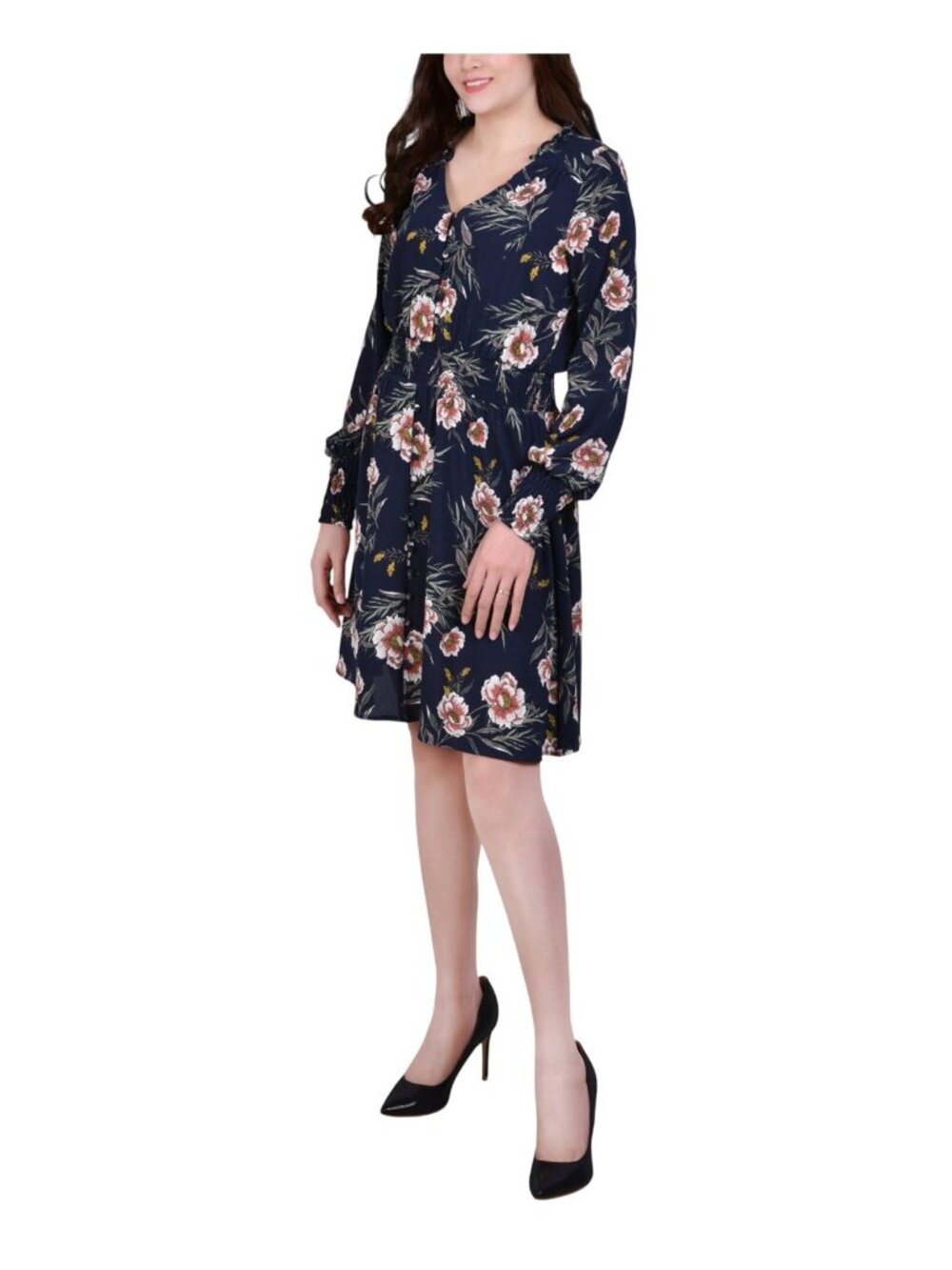NWT Ny Collection Long Sleeve V-Neck Dress with Smocked Cuffs Navy Floral Blue M